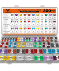 300 Piece Automotive Fuse Assortment Kit including Standard Mini and Low Profile Types with color-coded fuses in transparent case.