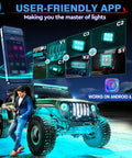 Curved RGBW LED Rock Lights Kit With 12 Pods Underglow Multicolor Neon Lighting shown with app control on off-road vehicle.