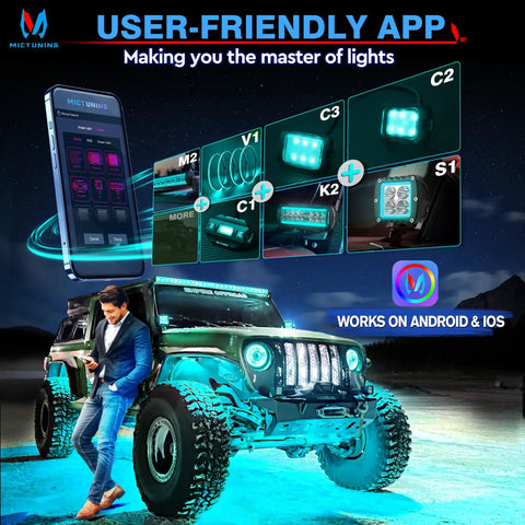 Curved RGBW LED Rock Lights Kit With 12 Pods Underglow Multicolor Neon Lighting shown with app control on off-road vehicle.