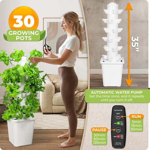 Indoor Vertical Hydroponic Tower Garden System For 30 Plants With 6 Levels Complete Kit displayed indoors with woman tending plants.