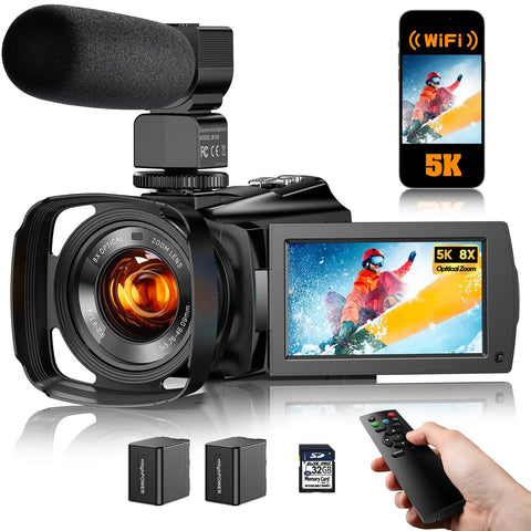Ultra Dope 5K Video Camcorder with 8X Optical Zoom, 64MP Photos, WiFi live streaming, touchscreen, and accessories shown.