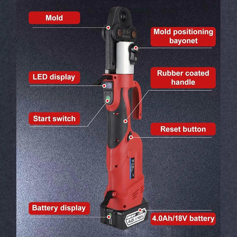 Heavy Duty Cordless Electric Hydraulic Pipe Press Tool With Portable Crimping Action For Stainless Copper Pipes showing features like LED display and battery.