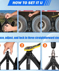 Heavy Duty RV Wheel Chock Stabilizer Two Pack For Campers And Travel Trailers Adjustable 3.5 To 12 Inch Anti Move X Shaped Tire Lock Cast Iron With Zinc Finish installation steps
