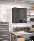 Heavy Duty Resin Wall Cabinet With Adjustable Metal Reinforced Shelf And Lockable Handles For Indoor And Outdoor Wall Mount Garage Tool Storage Weather Resistant Black Made In The USA installed in a garage workspace.
