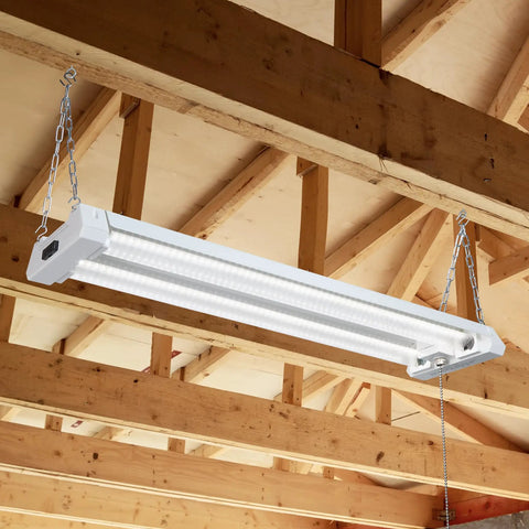 2 Ft LED Shop Light Fixture For Garage And Workshop, 20W, 2500 Lumens, 5000K Daylight, Clear Lens, mounted on wooden beams