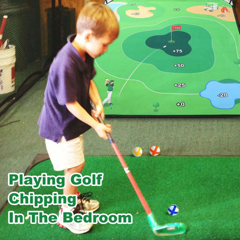 Child using Ultimate 70 By 70 Inch Golf Chipping Game Mat For Indoor And Outdoor Practice, setup in a room for fun training.