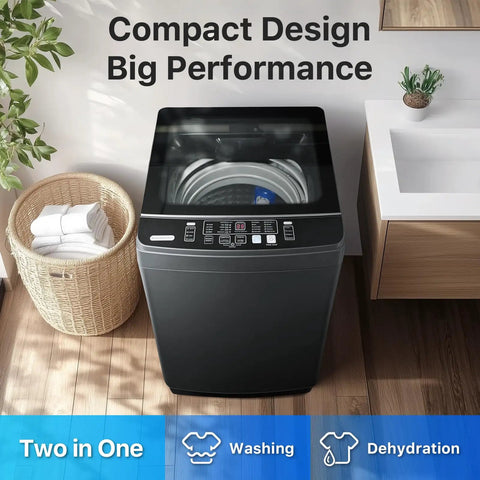 Built Tough 27 Lbs Full Automatic Washer And Spinner Combo With 10 Programs And 8 Water Levels, No Sweat Portable Laundry Machine For Tiny Apartment Dorm Or Rv Setup In Grey, top view with control panel.