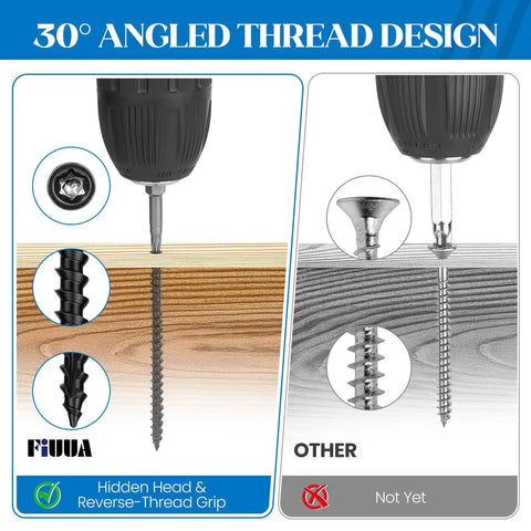 Premium Go To Hidden Deck Screws 10 X 1 7/8 Inch 123 Pcs T15 Star Drive showing 30° angled thread design for optimal wood fastening.