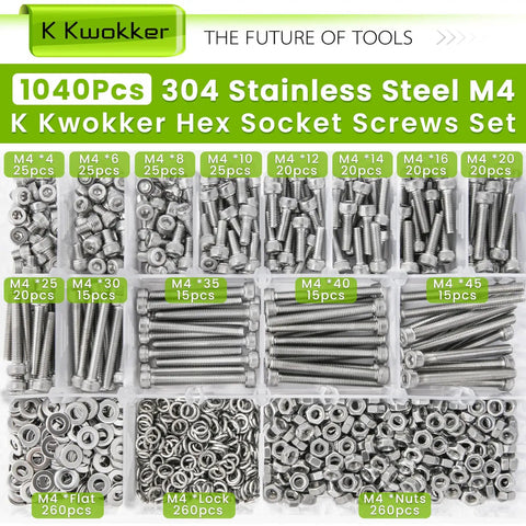 1040 Piece M4 Screws Nuts Bolts Kit 4mm To 45mm 304 Stainless Steel Hex Socket Head Cap Screws And Nuts Set With Washers