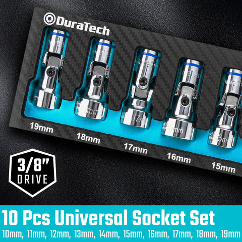 Three Eighth Inch Drive Universal Joint Socket Set Swivel Socket Set Ten Piece Metric Range Ten To Nineteen mm in EVA foam organizer