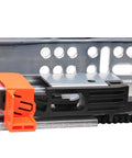 Dead Silent Glide Undermount Soft Close Drawer Slides 6 Pair 21 Inch close-up of metal and plastic components with orange latch.