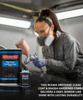 Front view of Restoration Shop urethane clear coat can (1 qt) and hardener bottle (1/2 pt) for auto refinishing.