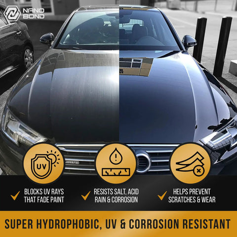 Car hood showing before and after effects of 9H PRO Ceramic Coating Kit For Cars, Glass, Plastic And Wheels, high gloss finish.