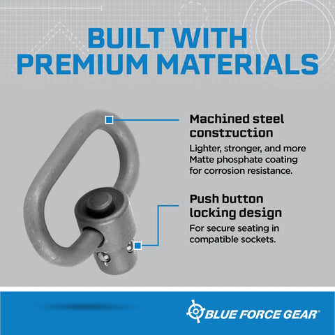 Built Like A Tank Push Button Sling Swivel For Rifles And Shotguns Machined Steel Quick Detach Hardware with push button locking design.