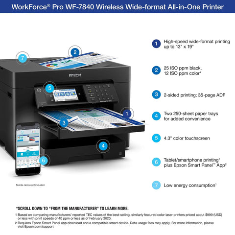 Wide-Format All-In-One Printer With Wireless Printing Up To 13 By 19 Inches, Copy Scan And Fax, 50-Page ADF, 500-Sheet Paper Capacity, and 4.3-Inch Color Touch Screen displayed with high-speed printing features