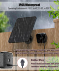 Five Pack 4W Solar Panel Kit For Blink Outdoor Cameras mounted in rain, showing waterproof feature and rubber plug attachment.