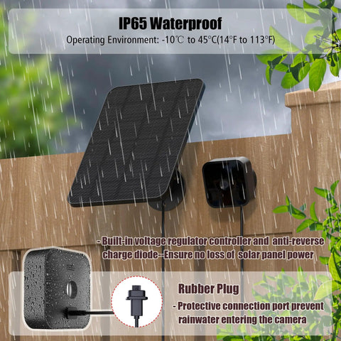 Five Pack 4W Solar Panel Kit For Blink Outdoor Cameras mounted in rain, showing waterproof feature and rubber plug attachment.