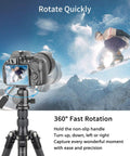 D30 Panoramic Ball Head With Removable Handle on tripod capturing snowboarder in mid-air with DSLR camera