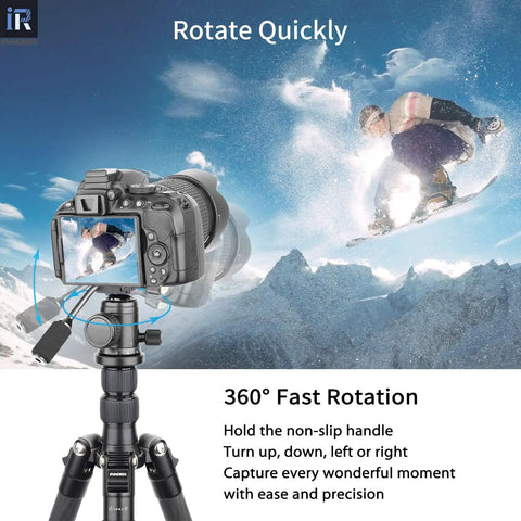 D30 Panoramic Ball Head With Removable Handle on tripod capturing snowboarder in mid-air with DSLR camera