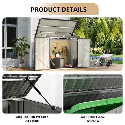 Heavy Duty Outdoor Trash Can Storage Shed With Chain Lid, Waterproof Metal Organizer For Bins, showing open doors and pneumatic lid.