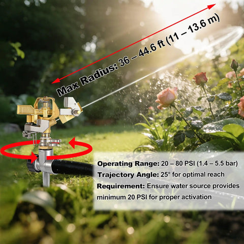 Two Pack Heavy Duty Brass Impact Sprinklers On Spike Base With Aluminum Alloy Stand demonstrating 360-degree coverage in a garden.