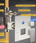 8 Inch Brushed Nickel Rain Shower System brass valve assembly with fixed connectors, shown with wall mount kit components.
