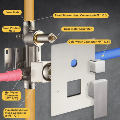 8 Inch Brushed Nickel Rain Shower System brass valve assembly with fixed connectors, shown with wall mount kit components.