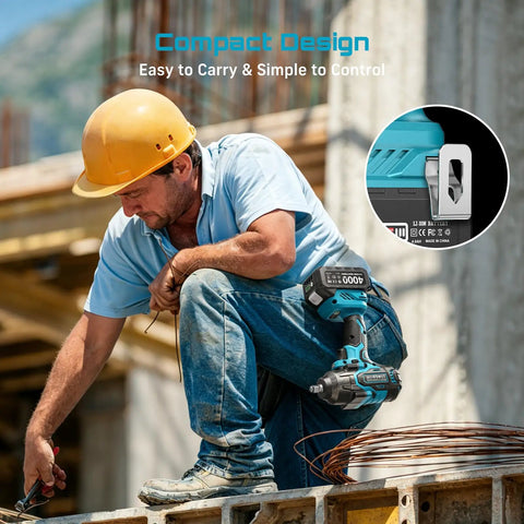Worker using Heavy Duty Cordless Impact Wrench Delivering 738 Foot Pounds Of Knockout Brute Force on construction site.