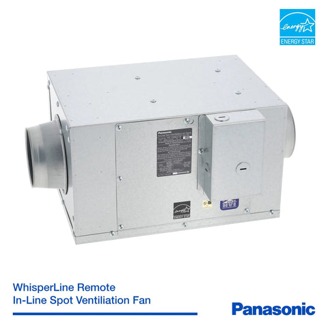WhisperLine Remote Mount Inline Vent Fan 120 CFM unit showcasing its metal casing and design for home air quality improvement.
