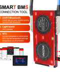 Smart LiFePO4 BMS 12V 200A Battery Management System With Balance Leads, Wires, And Wireless Module shown with app interface.