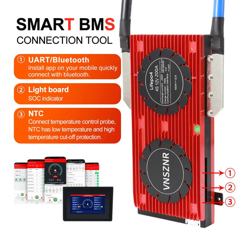Smart LiFePO4 BMS 12V 200A Battery Management System With Balance Leads, Wires, And Wireless Module shown with app interface.