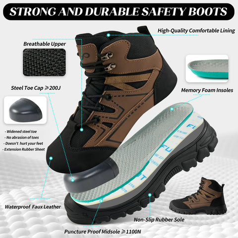 Steel Toe Work Boots For Men Safety Non Slip Puncture Resistant Comfort With Kevlar Midsole For Industrial Construction Heavy Duty Jobs All Day Comfort And Rugged Durability, displayed with features like waterproof lining and slip-resistant sole.
