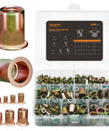 Rivet Nut Assortment Kit 240 Pcs Set with metric rivnuts and threaded inserts, sizes M3 to M12, zinc plated carbon steel, in case