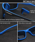 Detail view of wrap around bifocal sunglasses with built-in readers 1.25, blue frames, non-slip temples, and one-piece nose pads for sports use
