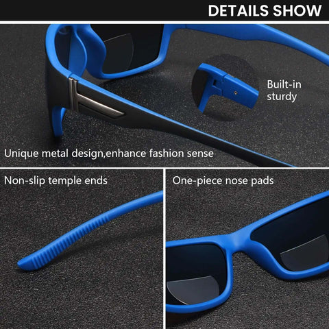 Detail view of wrap around bifocal sunglasses with built-in readers 1.25, blue frames, non-slip temples, and one-piece nose pads for sports use