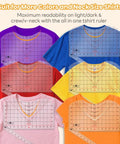 Extra Large 14x8 T Shirt Ruler For Vinyl Alignment, Transparent PVC Centering Guide on colorful shirts, showing round and V neck compatibility