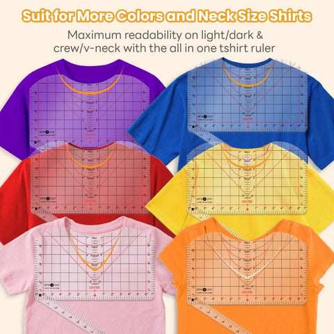 Extra Large 14x8 T Shirt Ruler For Vinyl Alignment, Transparent PVC Centering Guide on colorful shirts, showing round and V neck compatibility