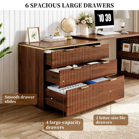 L Shaped 47 Inch Corner Desk With Six Drawers And File Cabinet Rustic Walnut Farmhouse Computer Desk For Multi Monitor Setup