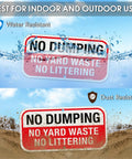 Heavy Duty No Dumping And No Littering Sign 2 Pack Rust Proof Aluminum Property Boundary Signs 12x6 Inches displayed with water and dust resistance.