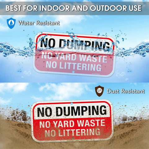 Heavy Duty No Dumping And No Littering Sign 2 Pack Rust Proof Aluminum Property Boundary Signs 12x6 Inches displayed with water and dust resistance.