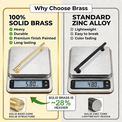 Comparison of Top Shelf Solid Brass Cabinet Pulls With Slick Grooved Grip Design and lightweight zinc alloy handles on a scale.