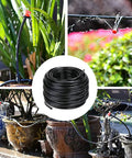 50 Foot Flexible PVC Distribution Tubing For Irrigation Drip System One Quarter Inch Drip Line Durable Garden Hose displayed in use with potted plants