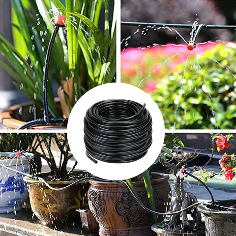 50 Foot Flexible PVC Distribution Tubing For Irrigation Drip System One Quarter Inch Drip Line Durable Garden Hose displayed in use with potted plants