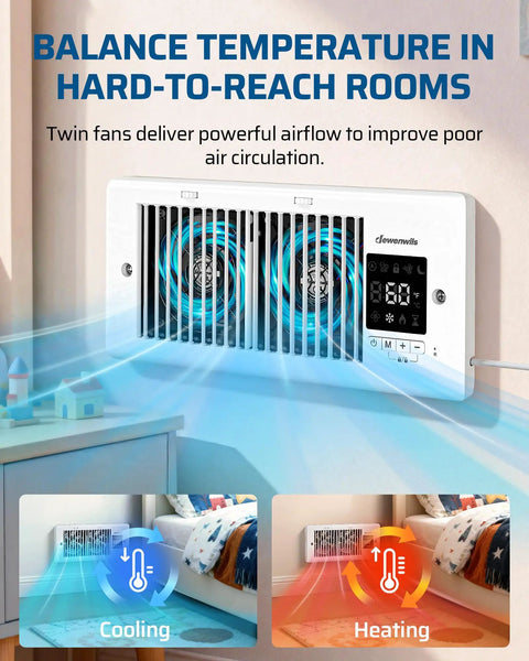 Dual Fan Register Booster For Hard To Reach Spaces, 4 Inch By 10 Inch Vent With 180 Degree Adjustable Grille installed on wall