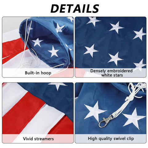 All American 60 Inch Windsock For Outdoor Decor, Heavy Duty 210D Nylon Windsock With Embroidered Stars showing details