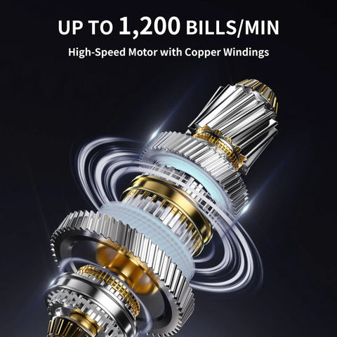 Fast Money Counter With Fake Bill Detection showing high-speed motor with copper windings for up to 1200 bills per minute