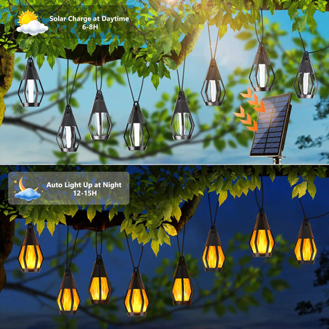 Outdoor Solar String Lights 33Ft With 15 Realistic Flickering Flame Bulbs Waterproof Warm White For Patio Garden