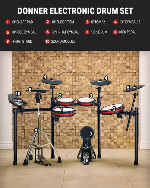 Electric Drum Set DED 200 Pro Electronic Kit With Standalone 12 Inch Hi Hat Dual Zone 10 Inch Mesh Snare displayed in studio