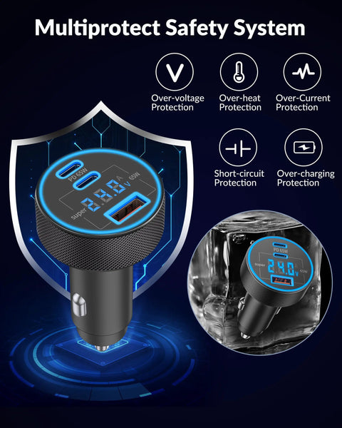 Three Port 130W USB C Car Charger With Voltage Display PPS PD QC Fast Charge For 12 To 24V Vehicles, safety system features