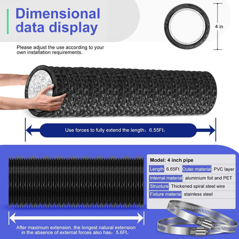 4 Inch Dryer Vent Hose 6.55 Feet Long Aluminum Foil Flexible Ducting with Two Hose Clamps, heavy-duty PVC outer layer